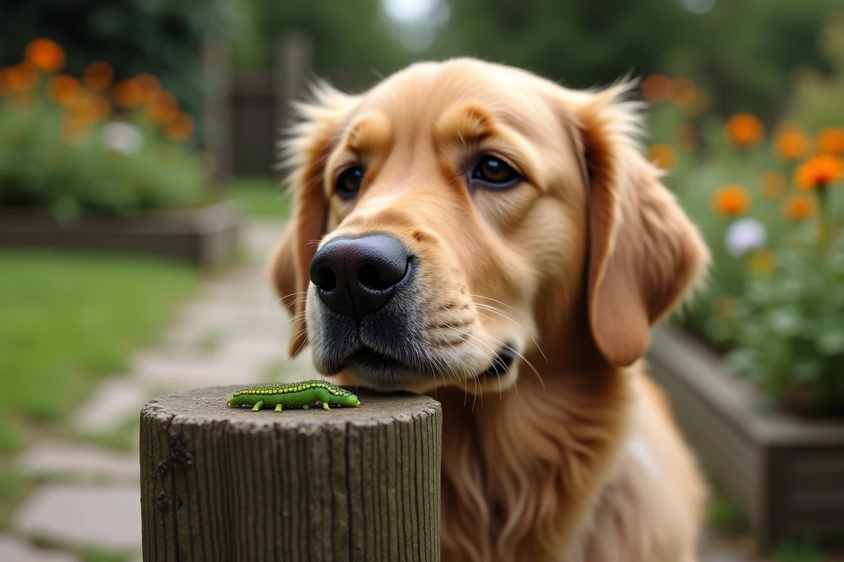 Chien golden retriever reniflant une chenille verte sur un piquet de clôture en bois dans un jardin