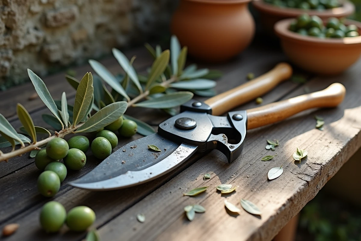 Cisailles de taille et rameaux d'olivier fraîchement coupés sur un établi en bois rustique