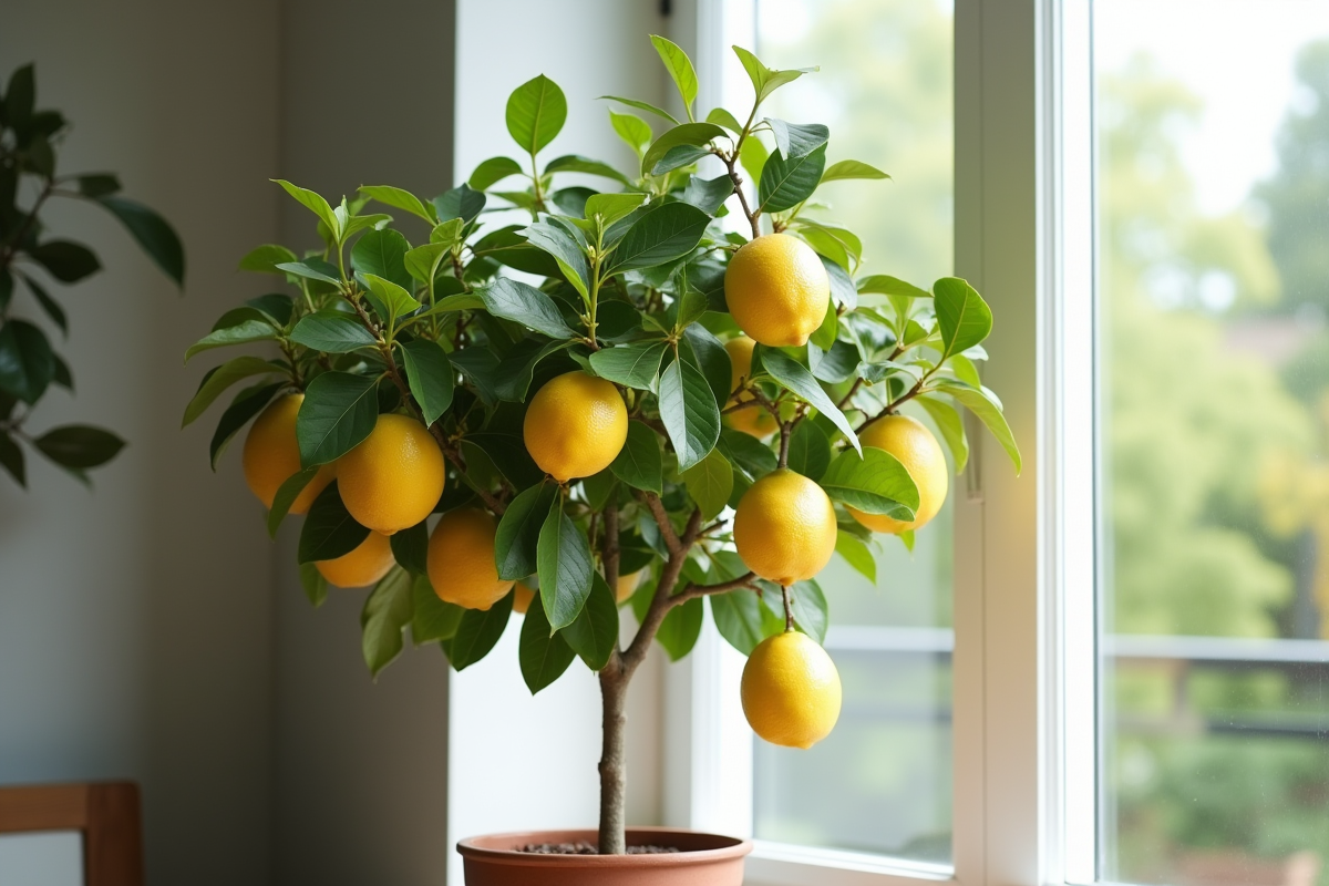 Citronnier en pot à la lumière naturelle près d une fenêtre intérieure