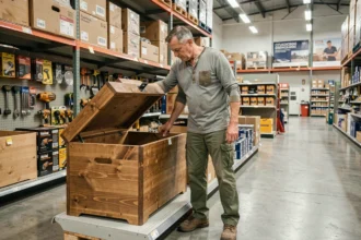 Homme examinant un coffre de rangement en bois dans un magasin de bricolage Brico Dépôt, comparant les options disponibles en rayon