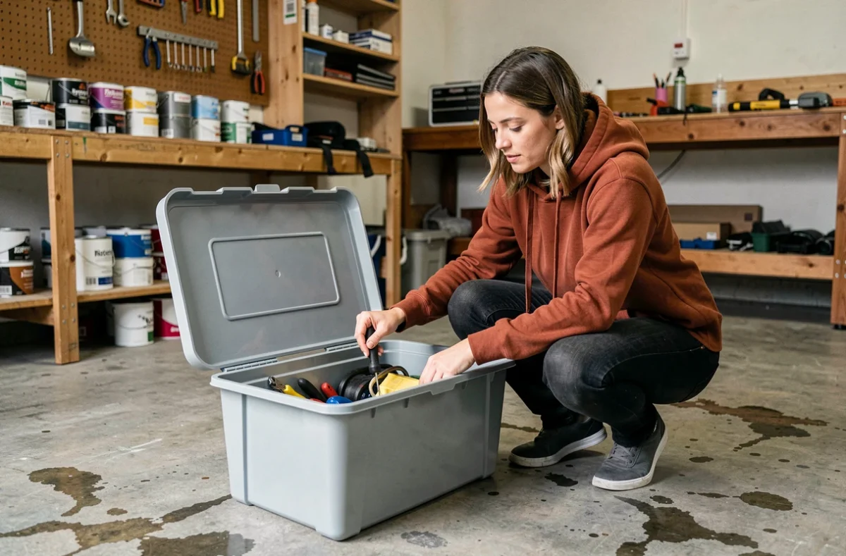 Femme rangeant des outils dans un coffre de rangement plastique ouvert dans un garage aménagé, illustration d'un achat brico dépôt rentable