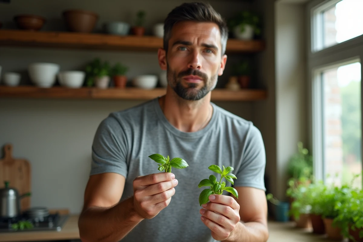 Homme en cuisine comparant des tiges de basilic fleuries et des feuilles fraîches récoltées avant floraison