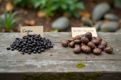 Comparaison côte à côte de crottes de lérot et de campagnol sur une table en bois de jardin
