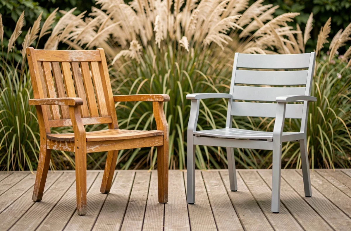 Comparaison côte à côte d'un fauteuil en teck et d'un fauteuil en aluminium sur une terrasse en bois avec jardin en arrière-plan