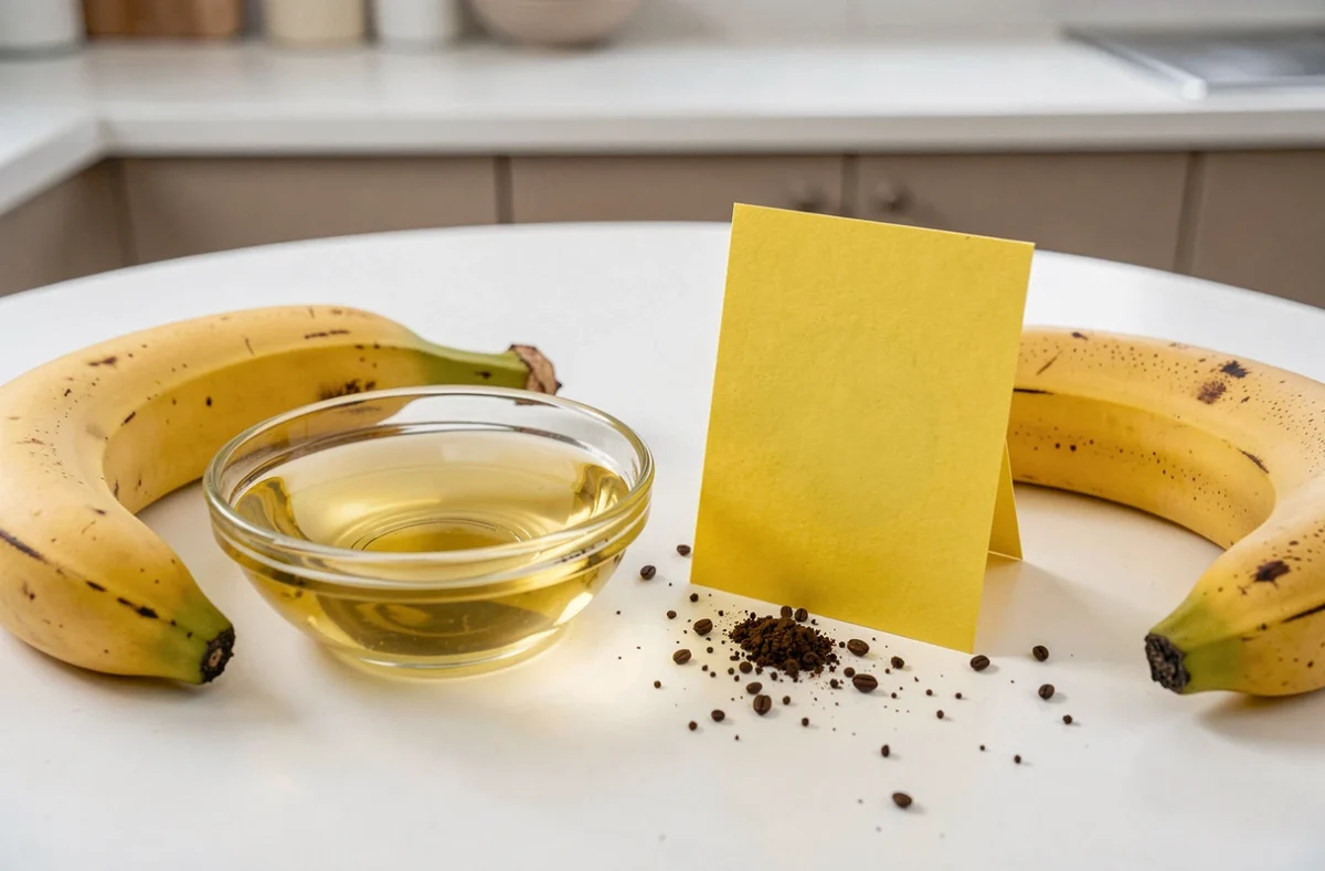 Comparaison côte à côte d'un piège à vinaigre et d'un piège collant jaune pour moucherons posés sur une table de cuisine blanche