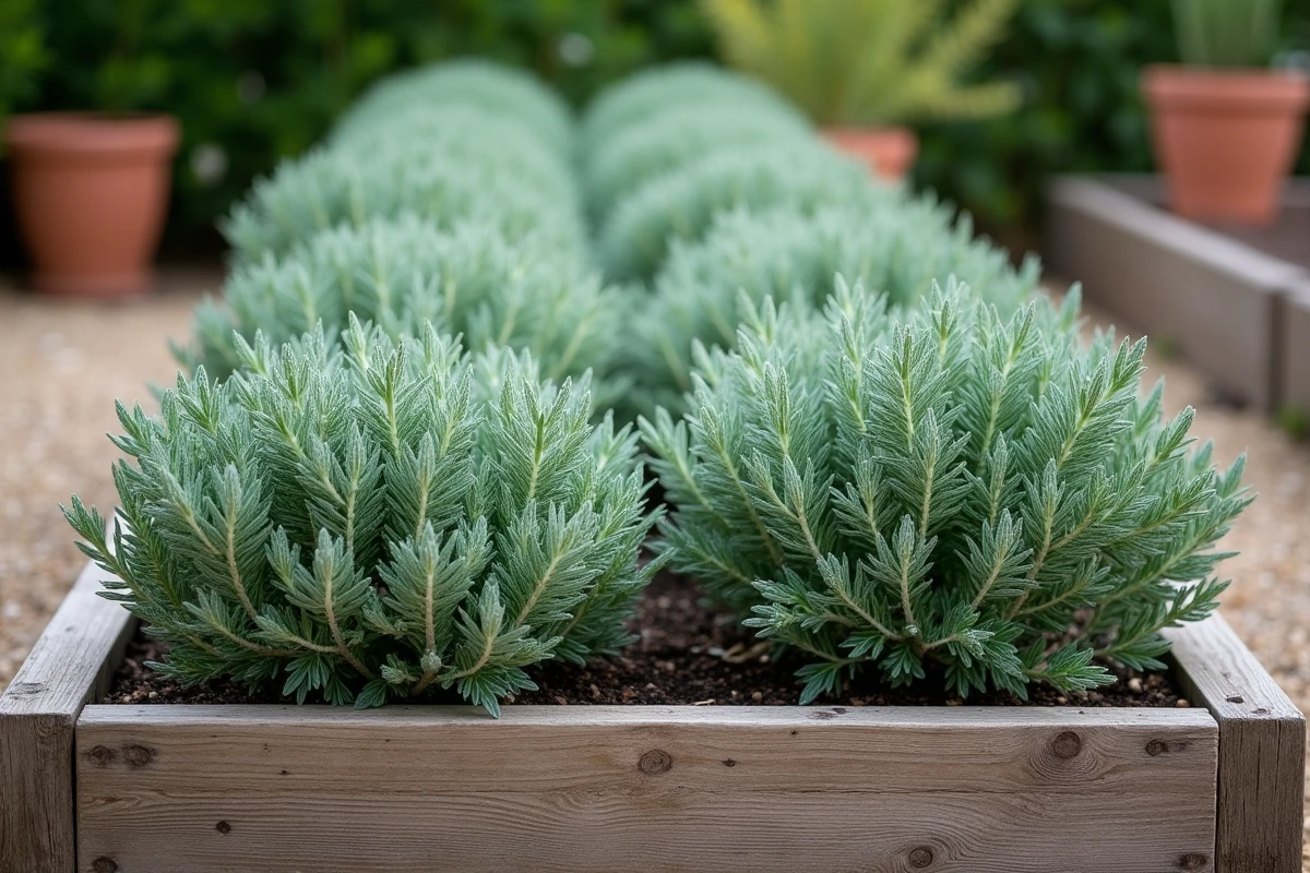 Comparaison de deux sauges taillées dans un carré potager surélevé, l'une après taille printanière, l'autre après taille automnale
