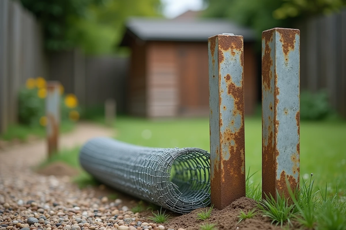 Vieux poteaux métalliques rouillés en comparaison avec un rouleau de grillage neuf dans un jardin de particulier