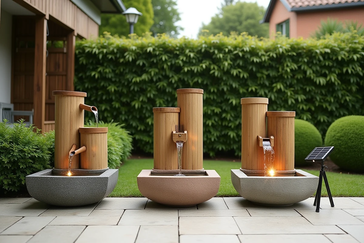 Comparatif de trois fontaines en bambou avec pompes solaires différentes installées côte à côte sur une terrasse de jardin extérieure