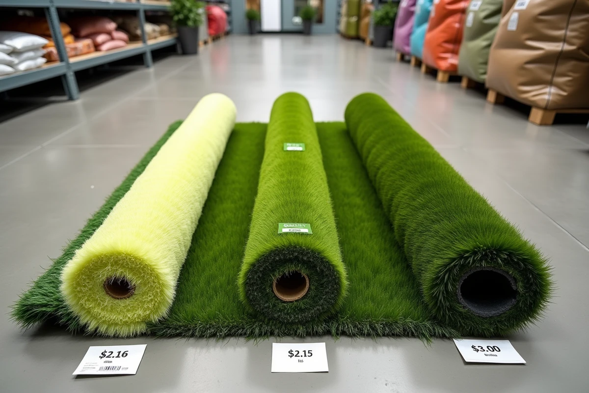 Comparatif de trois échantillons de gazon synthétique économique déroulés côte à côte dans un magasin de jardinage avec étiquettes de prix