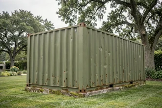 Conteneur maritime reconverti en abri de jardin avec pelouse verte et arbres en arrière-plan