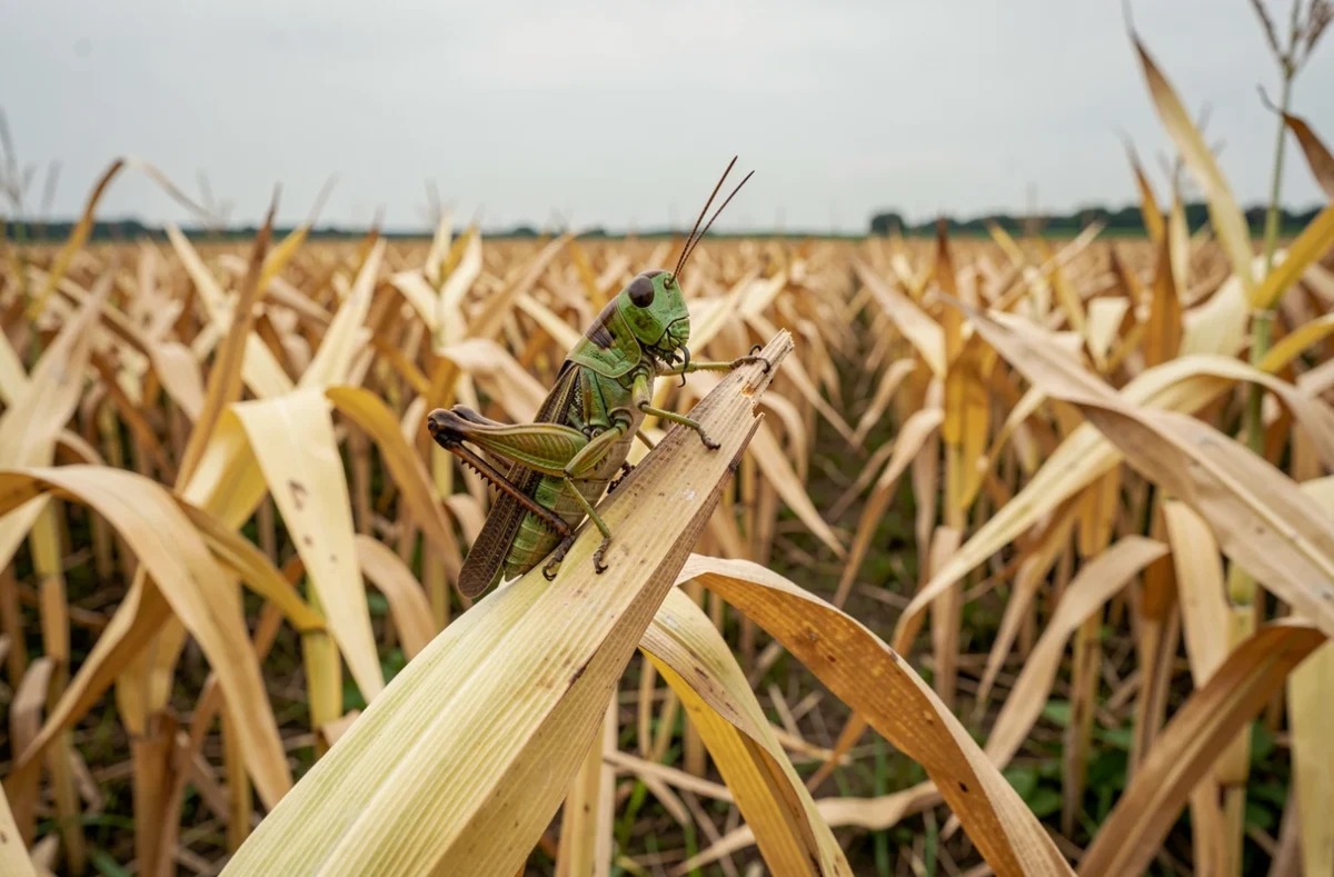 Criquet se alimentant sur une tige de maïs desséchée dans un champ agricole après la récolte