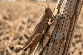 Criquet brun se nourrissant d'écorce sèche sur un poteau de bois en période de sécheresse