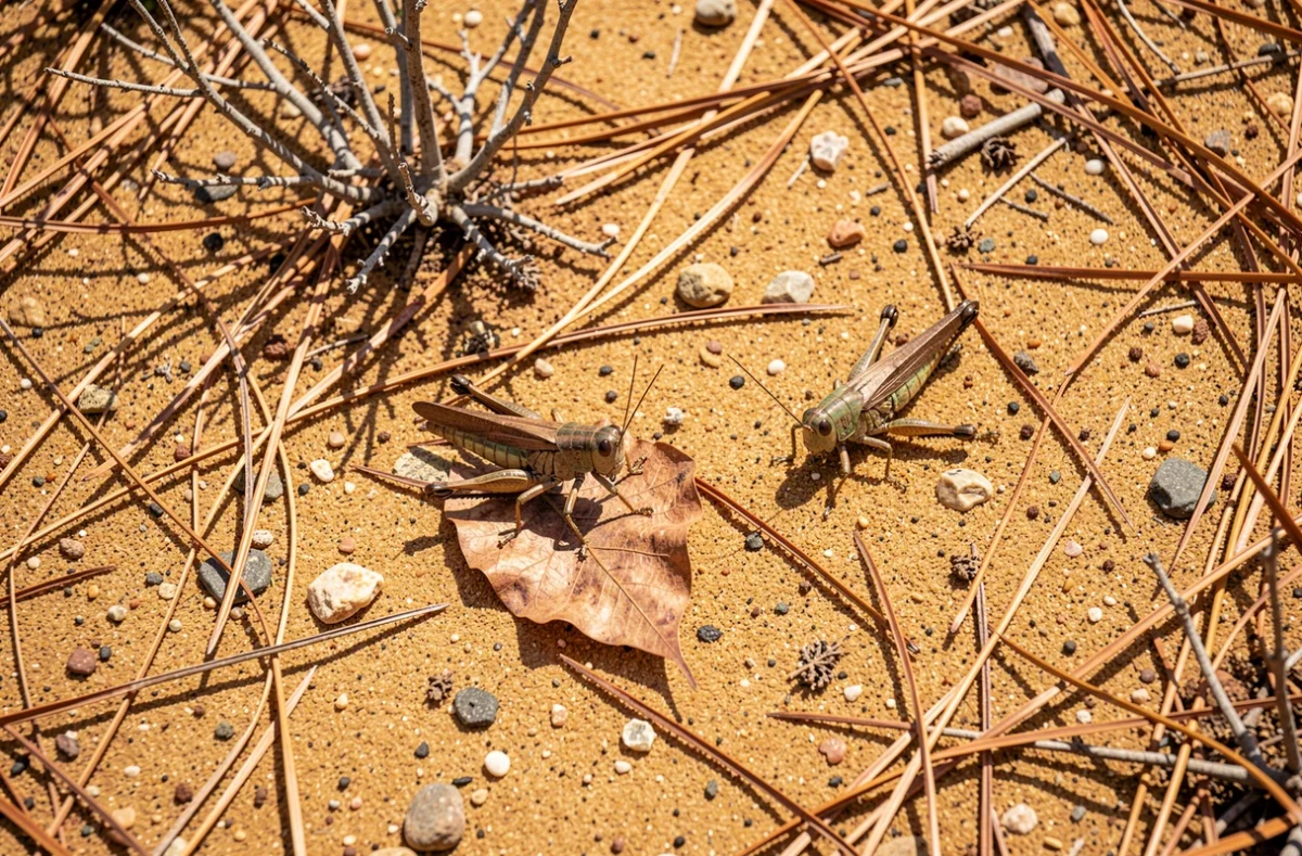 Deux criquets sur sol sableux aride se nourrissant de feuilles mortes et d'aiguilles de pin séchées