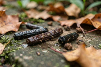 Crottes de hérisson sur une pierre de jardin entourées de feuilles mortes et de mousse, observation naturaliste en milieu extérieur