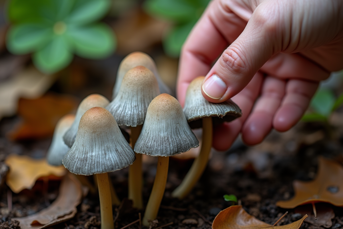Main cueillant délicatement des champignons chanterelle gris