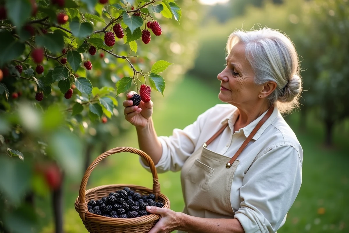 Femme cueillant des fruits de mûrier platane dans un panier en osier au milieu d'un verger verdoyant