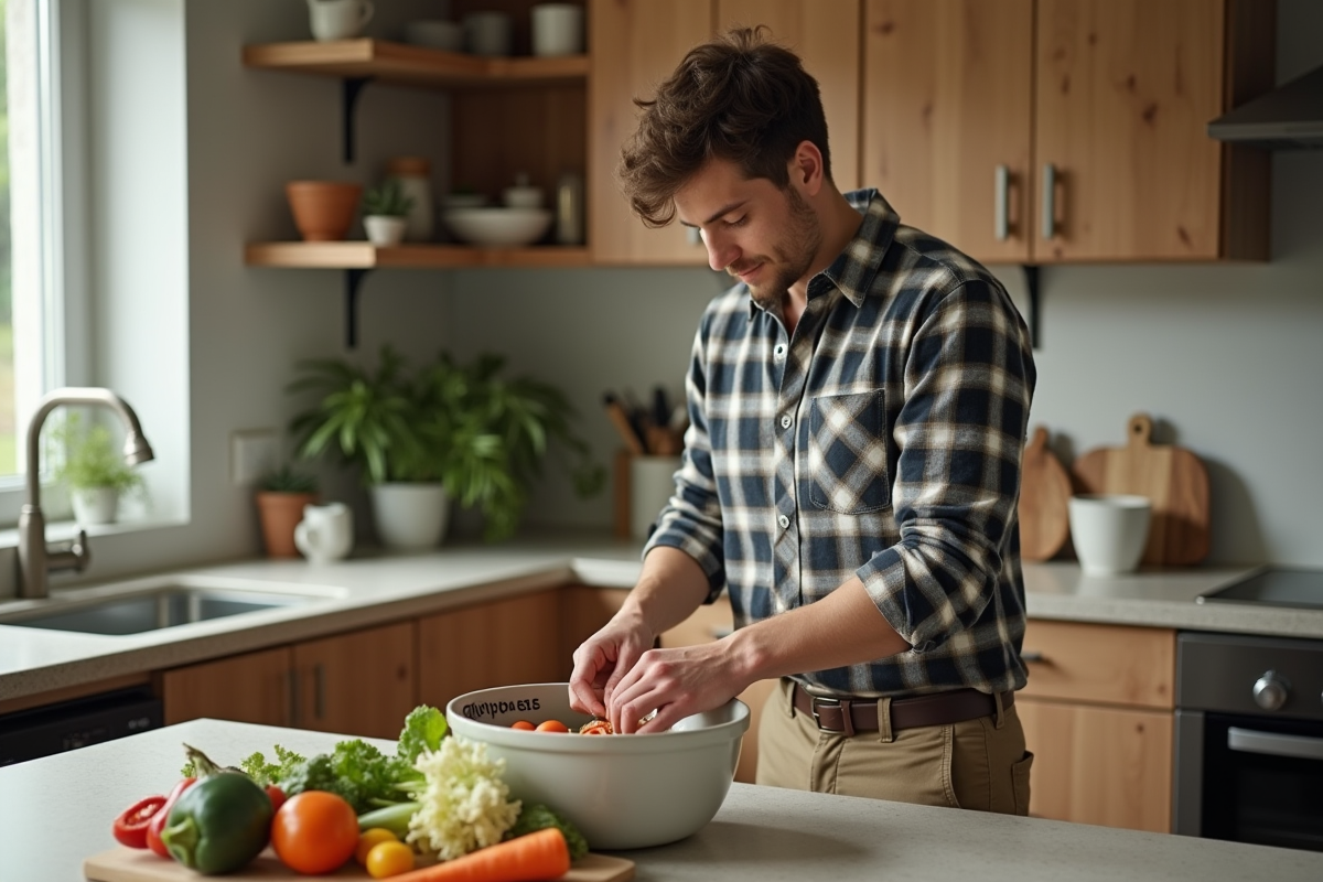 Jeune homme triant des légumes pour compost dans la cuisine