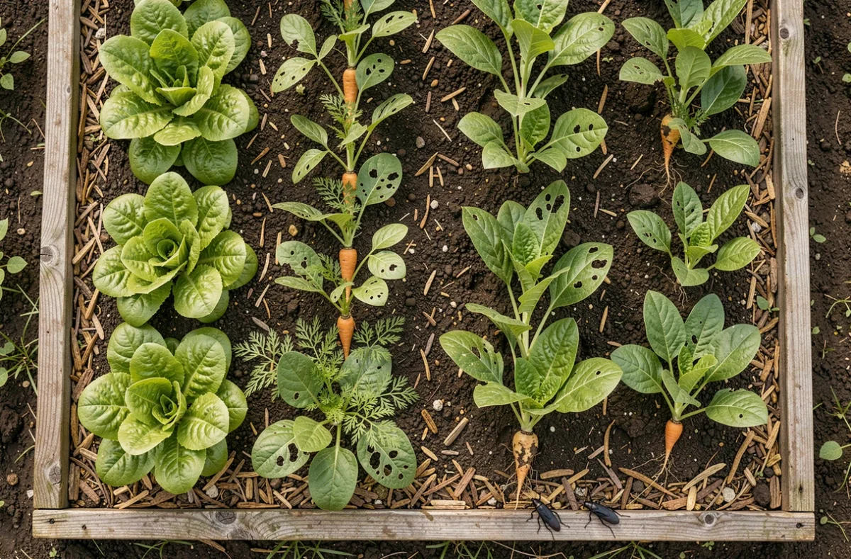 Vue aérienne d'un potager avec des dégâts causés par des cafards noirs sur les feuilles et tiges de légumes