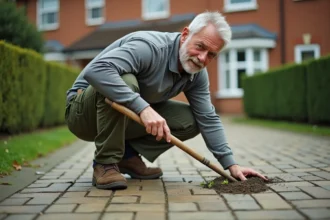 Homme désherbage pavé autobloquant avec outil de jardinage dans une allée résidentielle