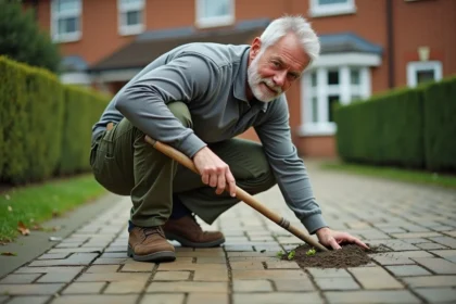Homme désherbage pavé autobloquant avec outil de jardinage dans une allée résidentielle