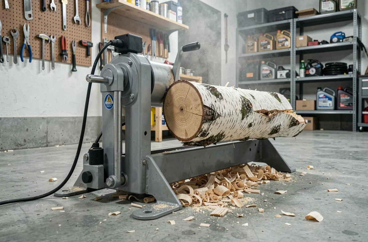 Gros plan sur une fendeuse de bois électrique en fonctionnement dans un garage domestique avec des éclats de bouleau sur le sol