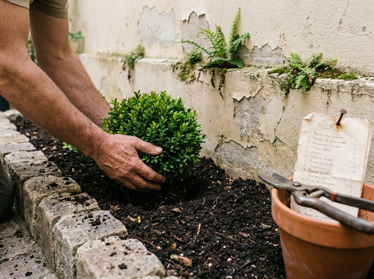 Gros plan sur les mains d'un paysagiste plantant une boule de buis dans un jardin bordelais avec mur en plâtre ancien et bordures en pavés