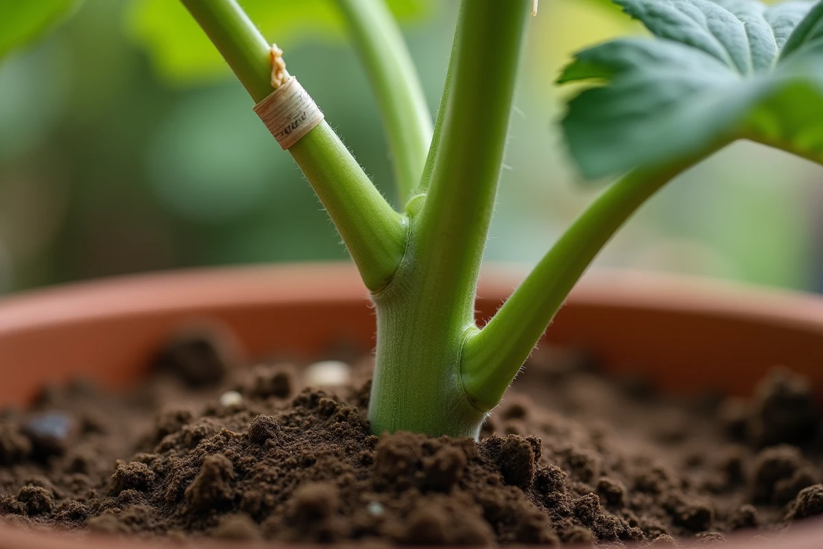 Détail du point de greffe sur un plant de melon avec clip de greffage visible et nouvelles feuilles
