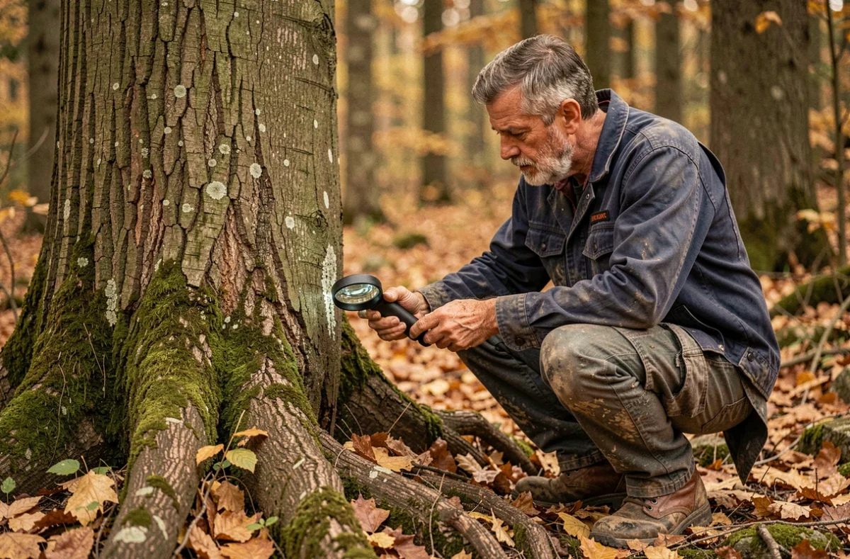 Élagueur expérimenté inspectant l'écorce d'un hêtre malade dans une forêt du Haut-Rhin en automne