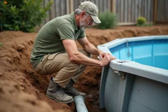 Ouvrier inspectant le drainage sous une piscine coque dans une fouille de jardin résidentiel