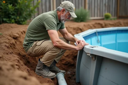 Ouvrier inspectant le drainage sous une piscine coque dans une fouille de jardin résidentiel