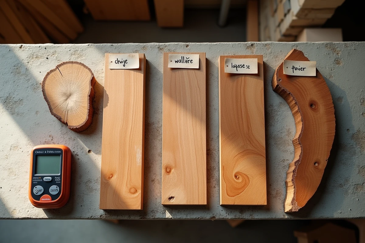 Vue en plongée d'échantillons de bois à sculpter avec humidimètre et étiquettes d'essences sur un établi