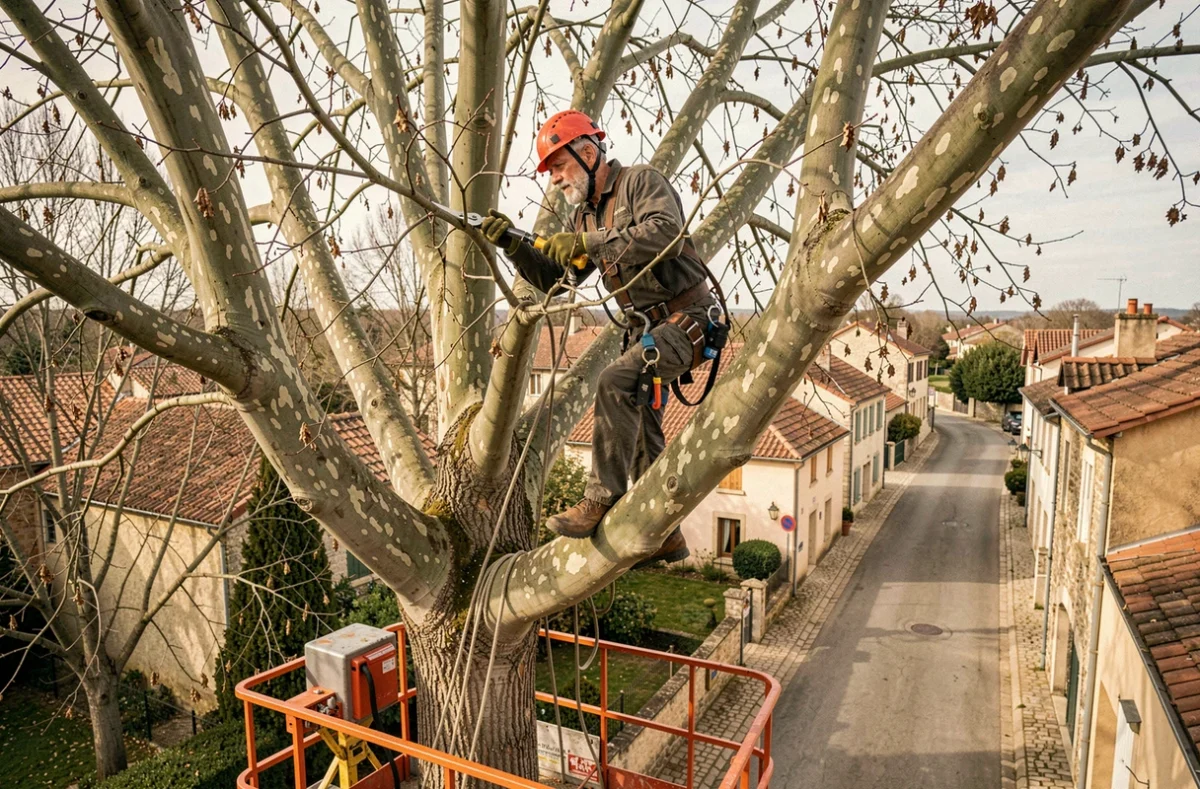 Élagueur en hauteur dans un platane au-dessus d'une rue de village en Aubance avec nacelle