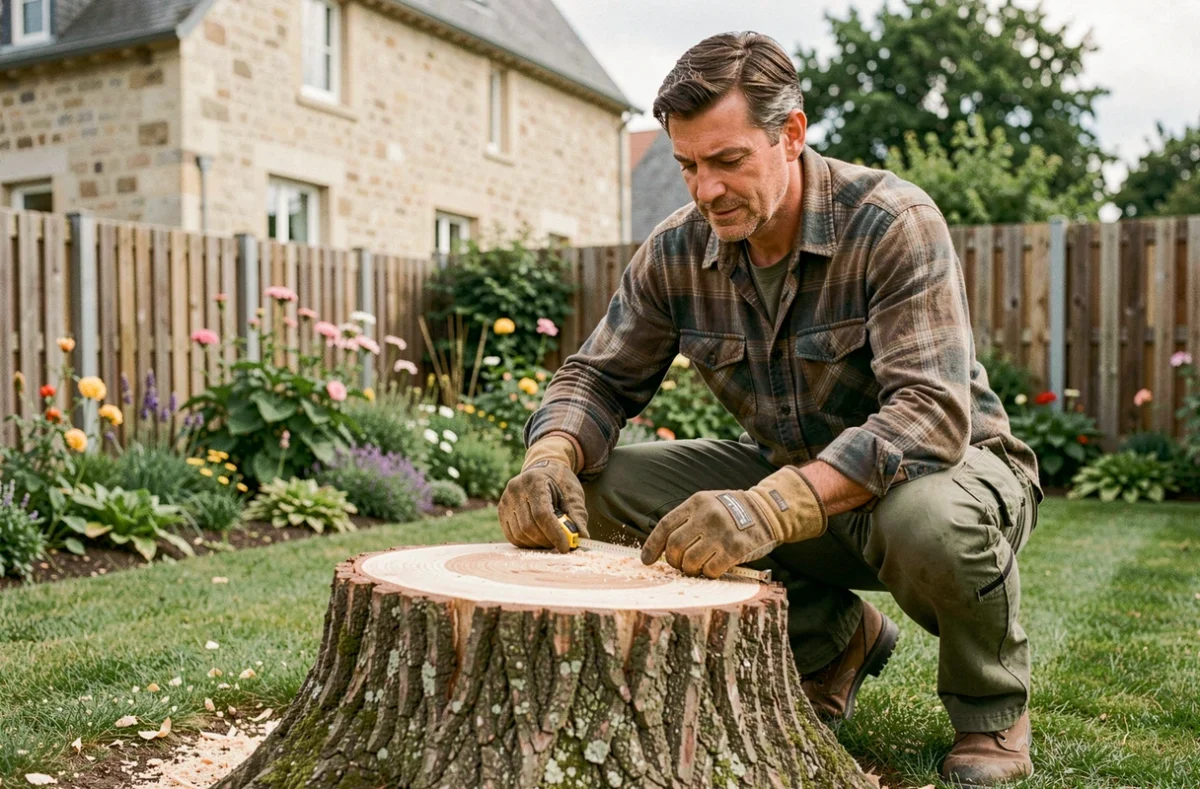 Élagueur mesurant une souche d'arbre fraîchement coupée dans un jardin privé avec une maison en pierre typique du Val-d'Oise en arrière-plan