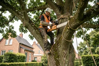 Élagueur professionnel équipé d'un harnais et d'une tronçonneuse travaillant en hauteur dans un grand chêne dans un jardin résidentiel du Val-d'Oise