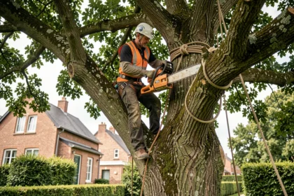 Élagueur professionnel équipé d'un harnais et d'une tronçonneuse travaillant en hauteur dans un grand chêne dans un jardin résidentiel du Val-d'Oise