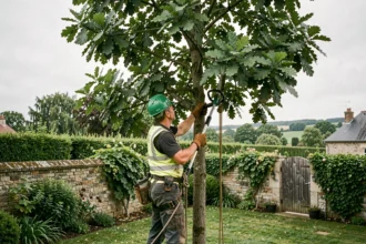 Élagueur professionnel en train d'élaguer un grand chêne dans un jardin résidentiel en Aubance, Maine-et-Loire