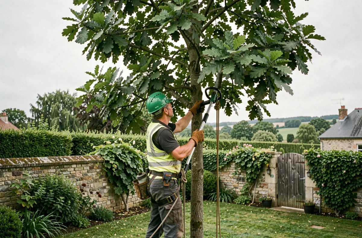 Élagueur professionnel en train d'élaguer un grand chêne dans un jardin résidentiel en Aubance, Maine-et-Loire