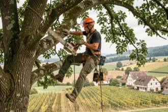 Élagueur professionnel sécurisé dans un arbre avec harnais et casque orange en Alsace, paysage du Haut-Rhin en arrière-plan