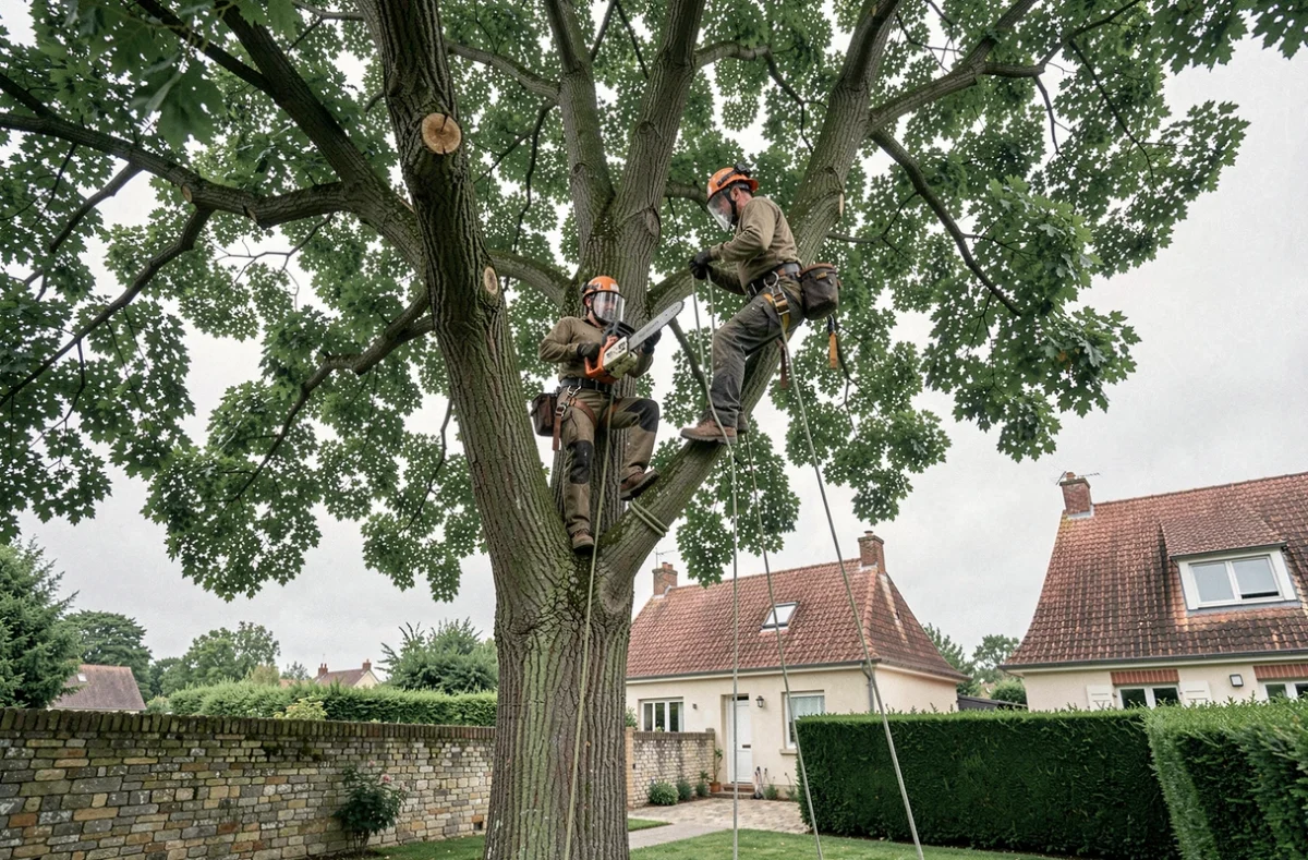 Deux élagueurs en hauteur travaillant dans un peuplier dans un jardin de la banlieue de Tours