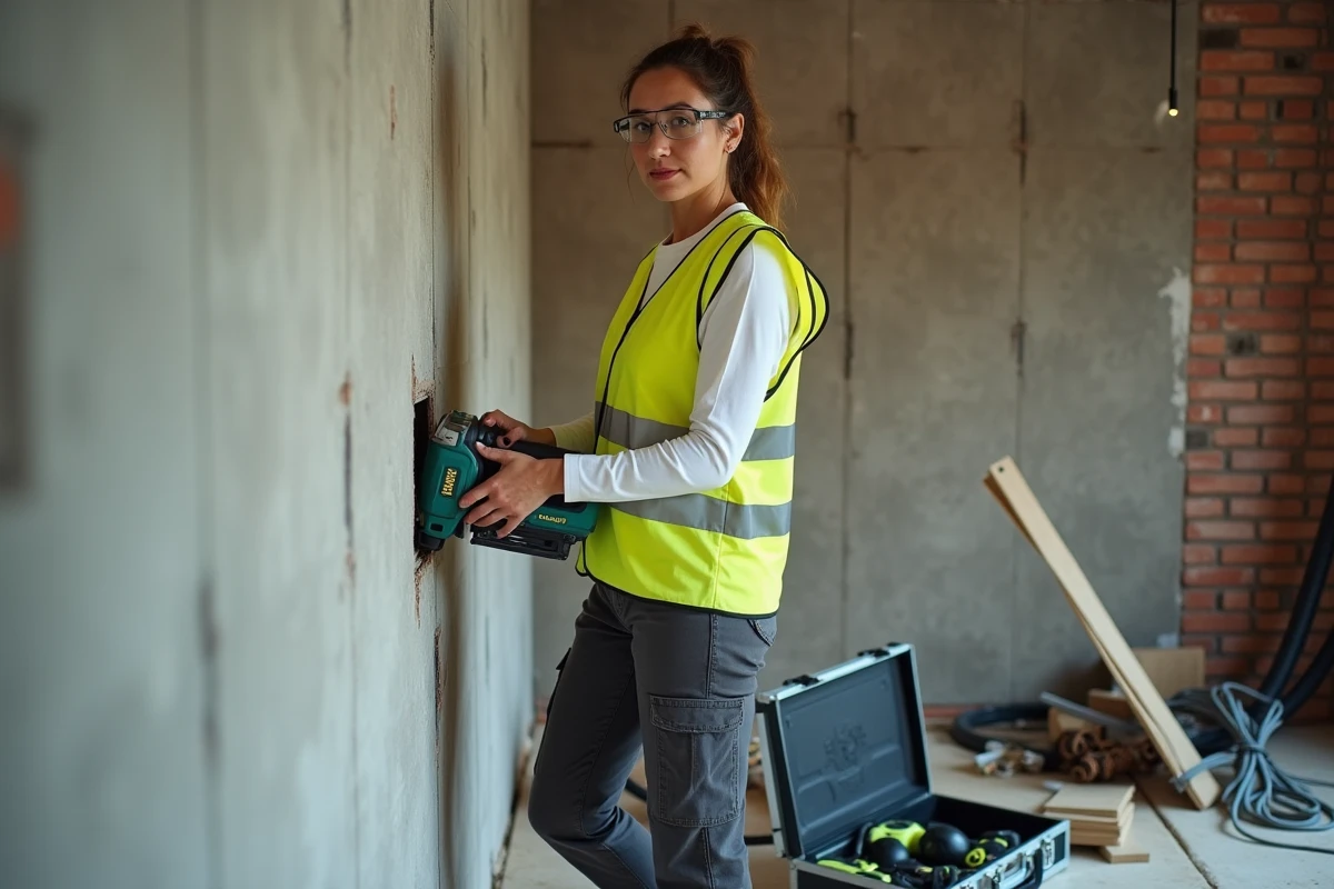 Électricienne utilisant un outil multifonction Parkside Pro sur un chantier de rénovation résidentielle