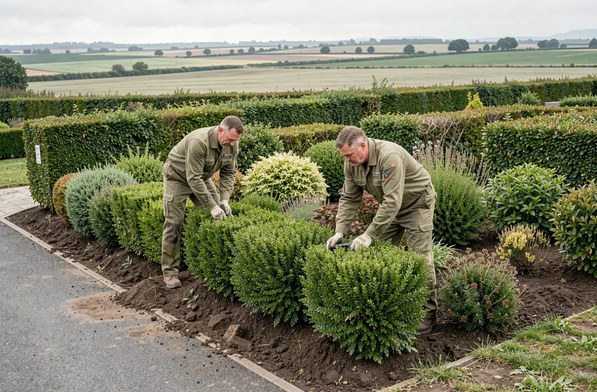 Équipe de l'Entreprise Paysagiste Bocage installant une haie bocagère dans un jardin rural du Pas-de-Calais
