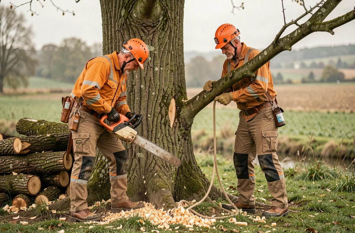 Deux élagueurs professionnels travaillant ensemble sur un noyer dans la campagne de l'Aubance