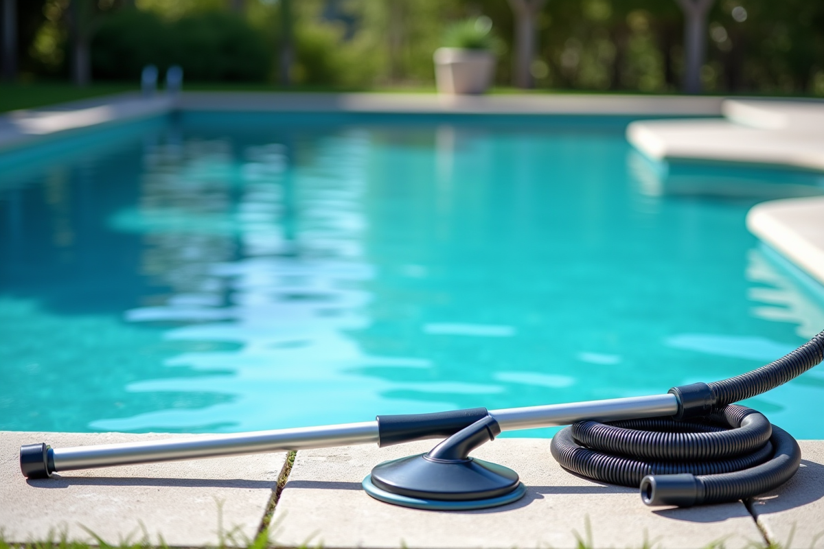 Matériel de nettoyage de piscine posé sur le bord de la piscine