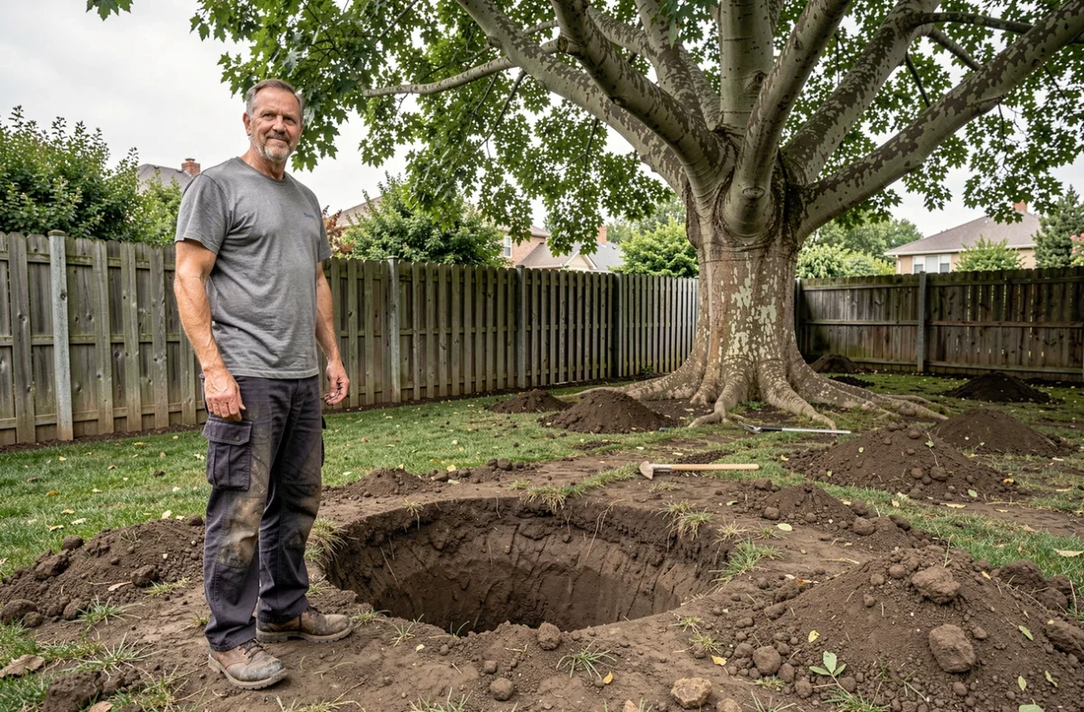 Jardinier creusant un trou trop petit pour planter un mûrier platane, erreur courante de plantation