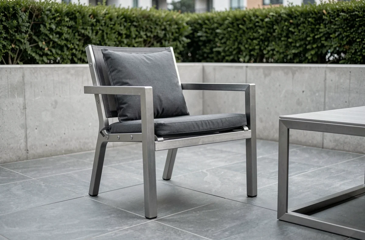 Fauteuil de jardin en aluminium anthracite sur une terrasse moderne en carrelage gris avec table extérieure