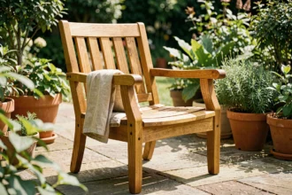 Fauteuil de jardin en teck naturel posé sur une terrasse en pierre avec des plantes vertes en arrière-plan