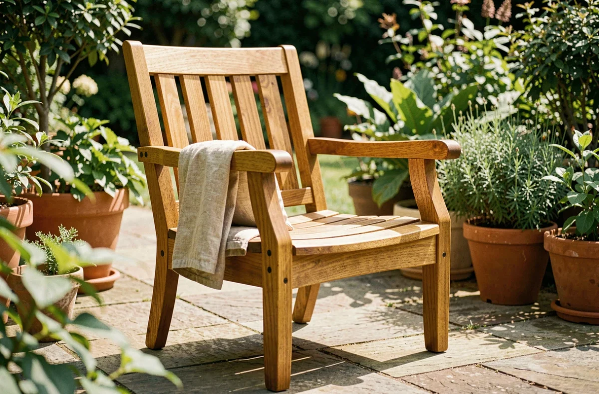 Fauteuil de jardin en teck naturel posé sur une terrasse en pierre avec des plantes vertes en arrière-plan