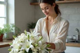 Jeune femme arrangeant un bouquet de fleurs blanches dans la cuisine