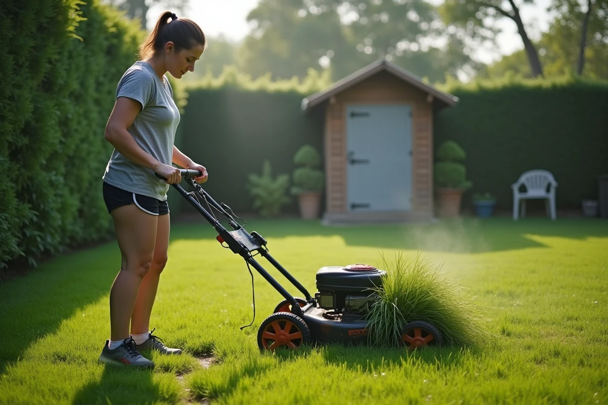 Jeune femme examinant une tondeuse à gazon mouillée dans le jardin