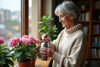 Femme d'âge moyen arrosant une azalee en intérieur